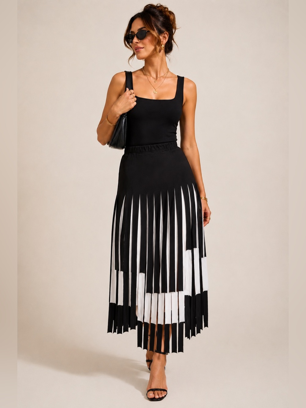 Black Fringe Car Wash Skirt 1X Monochrome Artsy Elastic Waist Statement Midi